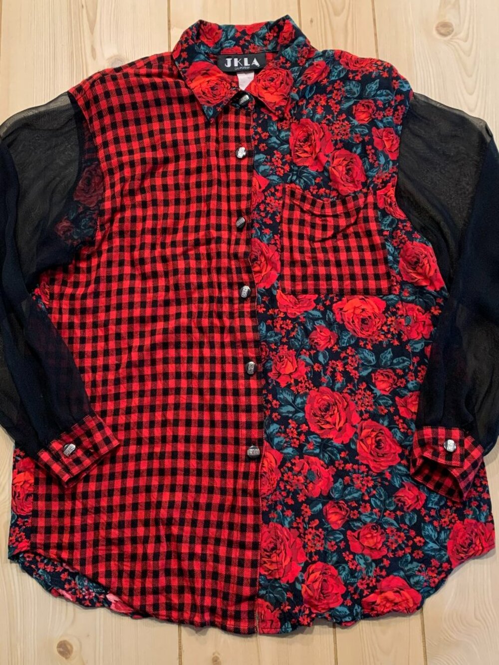 Vintage 90s JKLA California Floral Plaid Grunge Punk Alt Button-Down Shirt L